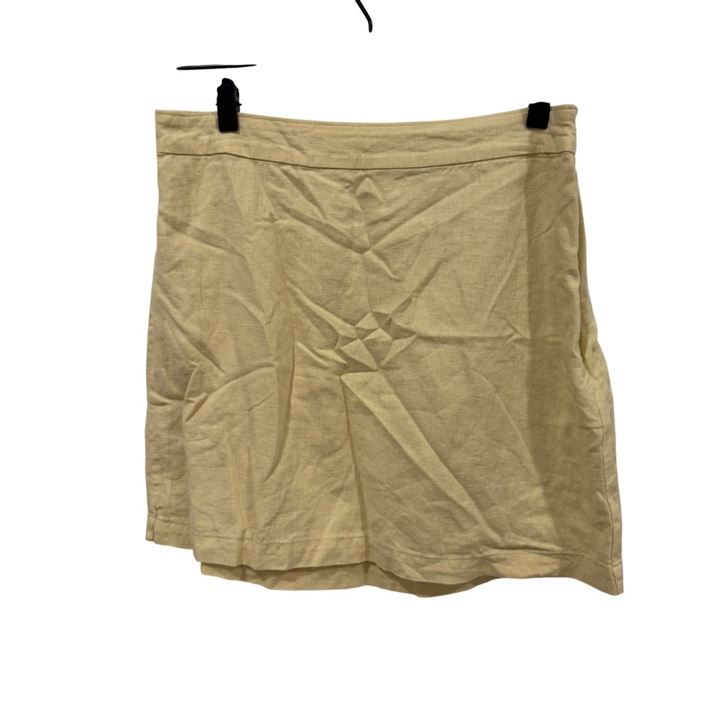 Linen Blend Mini Skirt Pale Yellow Elastic Back A-Line Summer Casual
